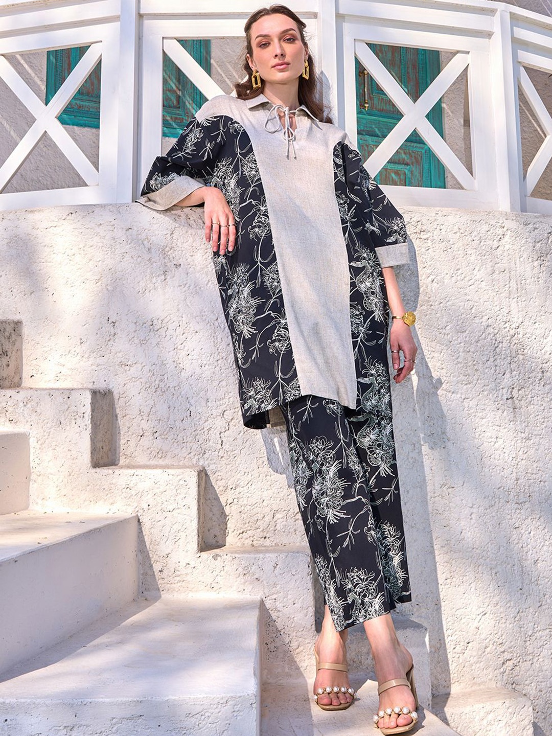 

HOUSE OF FETT Cedrus Printed Shirt Collar Pure Cotton Tunic With Trouser, Beige