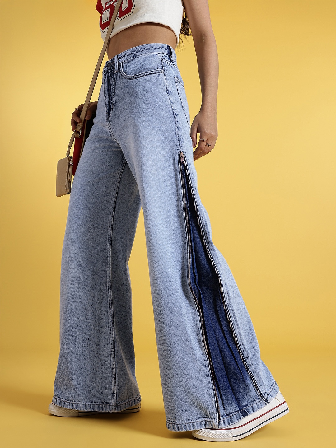 

glitchez Women Vintage Fade Zipper Wide Leg Jeans, Blue