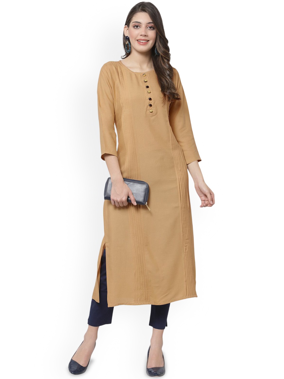 

DELIS Round Neck Pure Cotton Straight Kurta, Beige