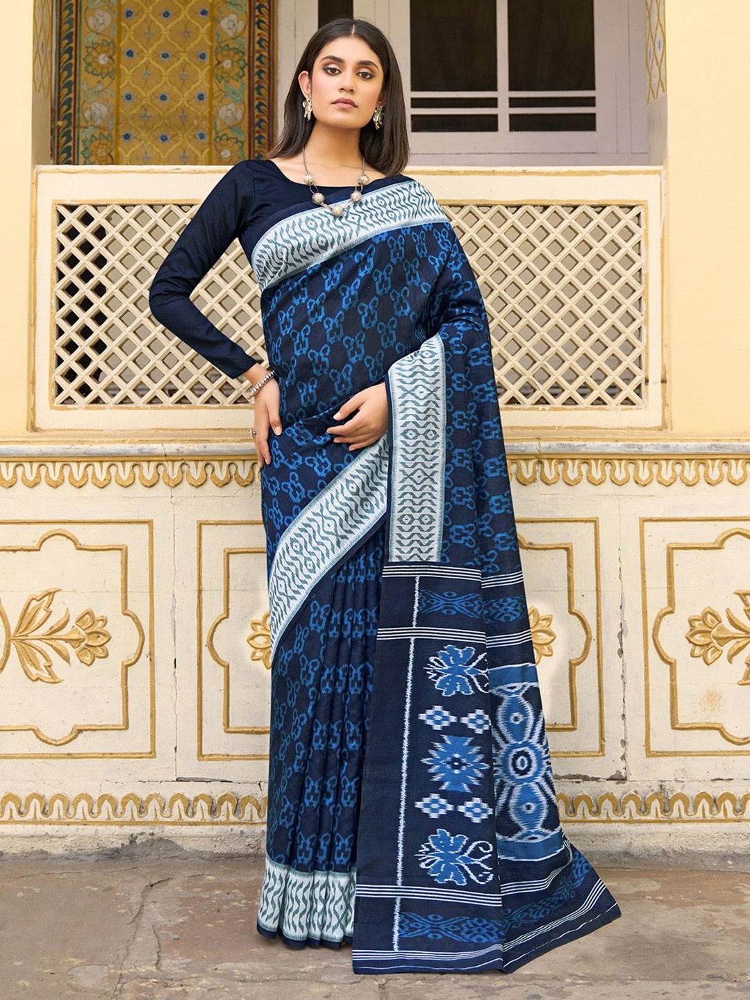 

Anouk Rustic Ethnic Motifs Silk Blend Ikat Saree, Navy blue