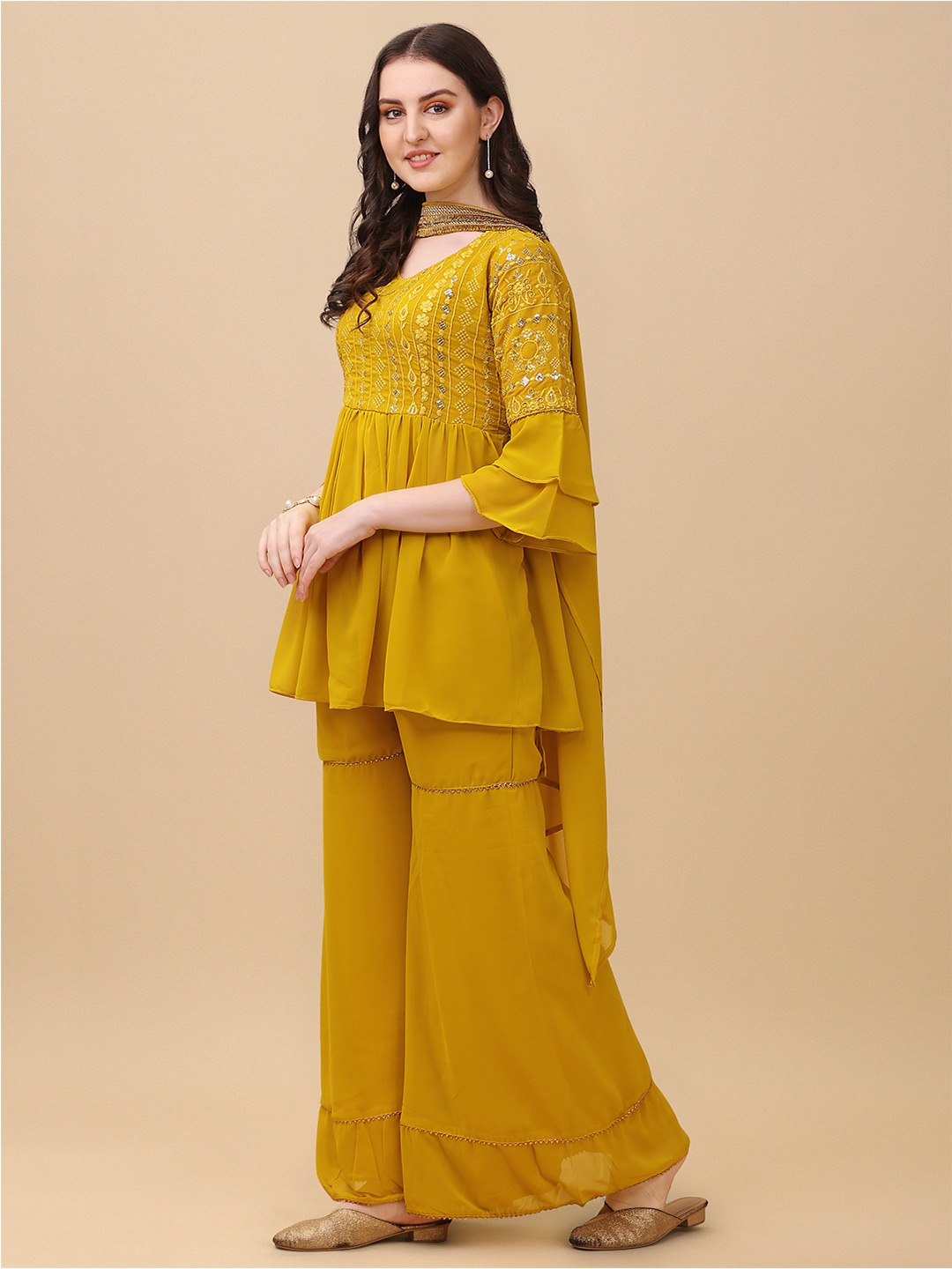 

ADENWEST Ethnic Motifs Embroidered Sequinned Kurti With Sharara & Dupatta, Yellow