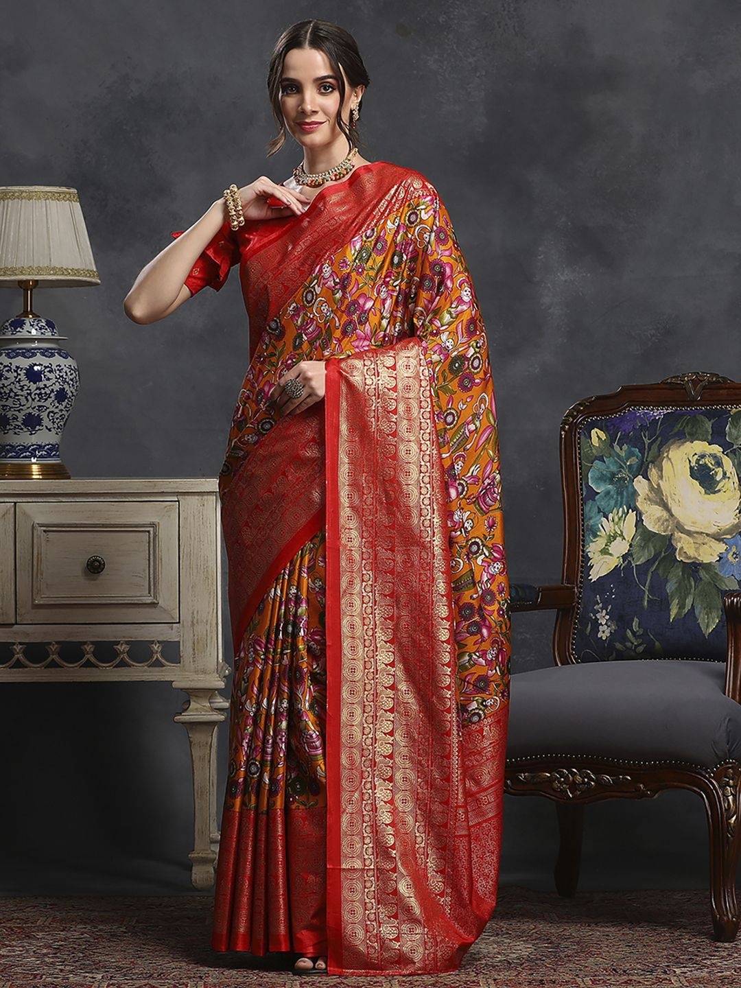 

Mitera Kalamkari Zari Silk Blend Sungudi Saree, Orange