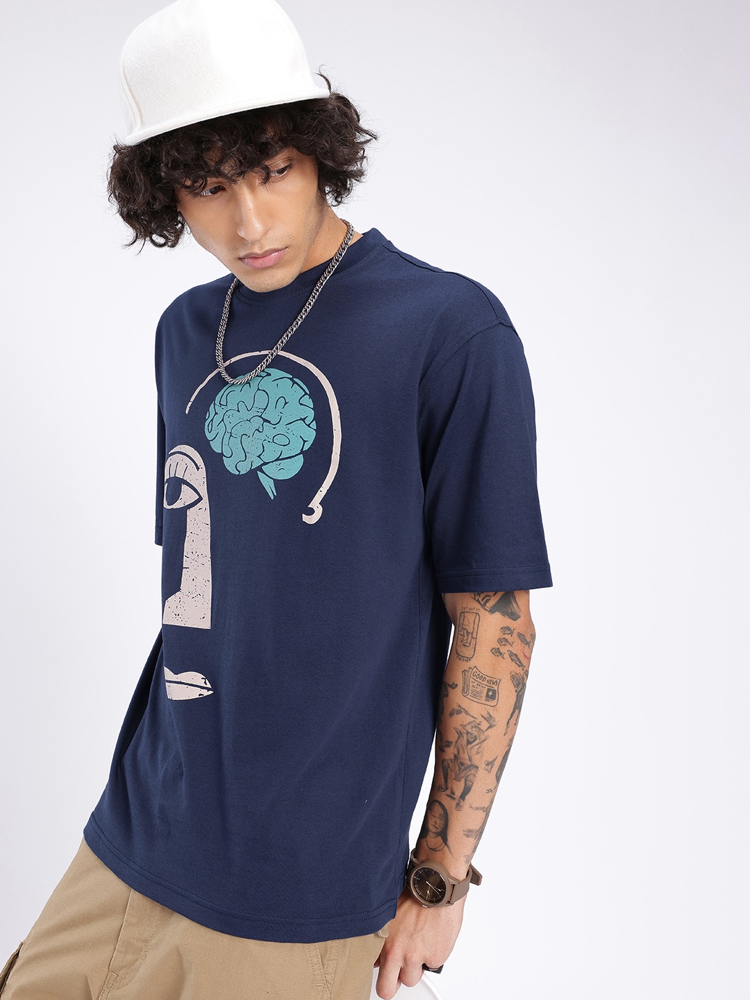 

glitchez Modern Classic Graphic Printed Relaxed Fit T-shirt, Navy blue