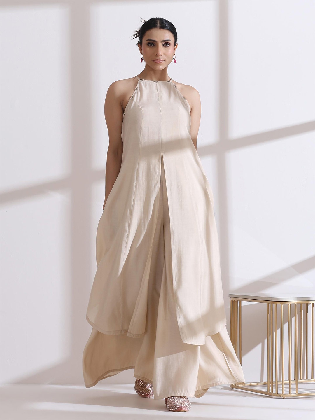 

Swtantra Women Regular Kurta with Palazzos, Cream