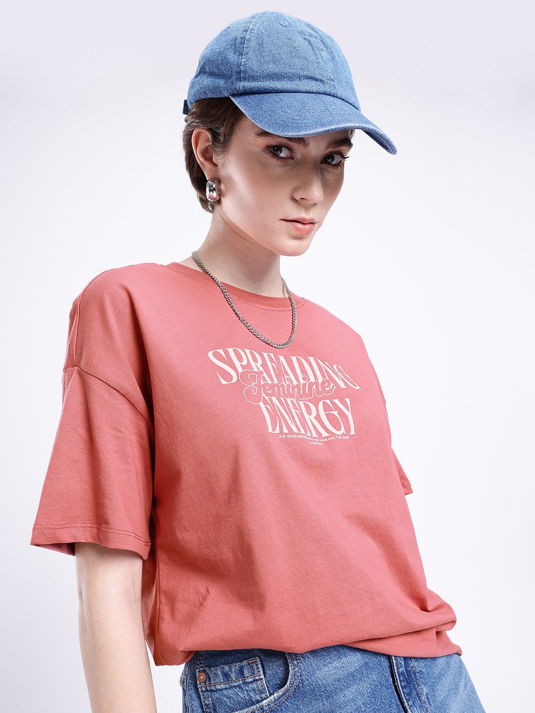 

glitchez Feminine Energy Printed Oversized T-shirt, Rose
