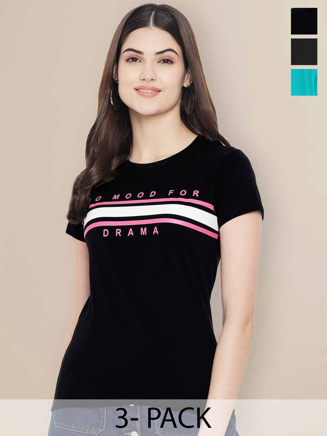 

Metronaut Women Pack of 3 Graphic Printed Round Neck Cotton T-shirts, Black