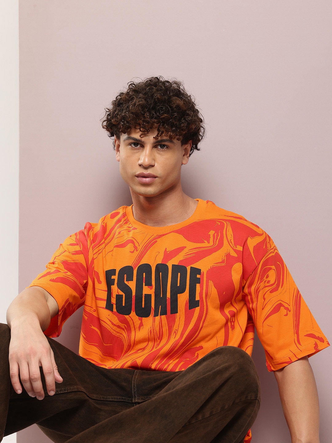 

Kook N Keech Men Printed Pure Cotton Oversized T-shirt, Orange