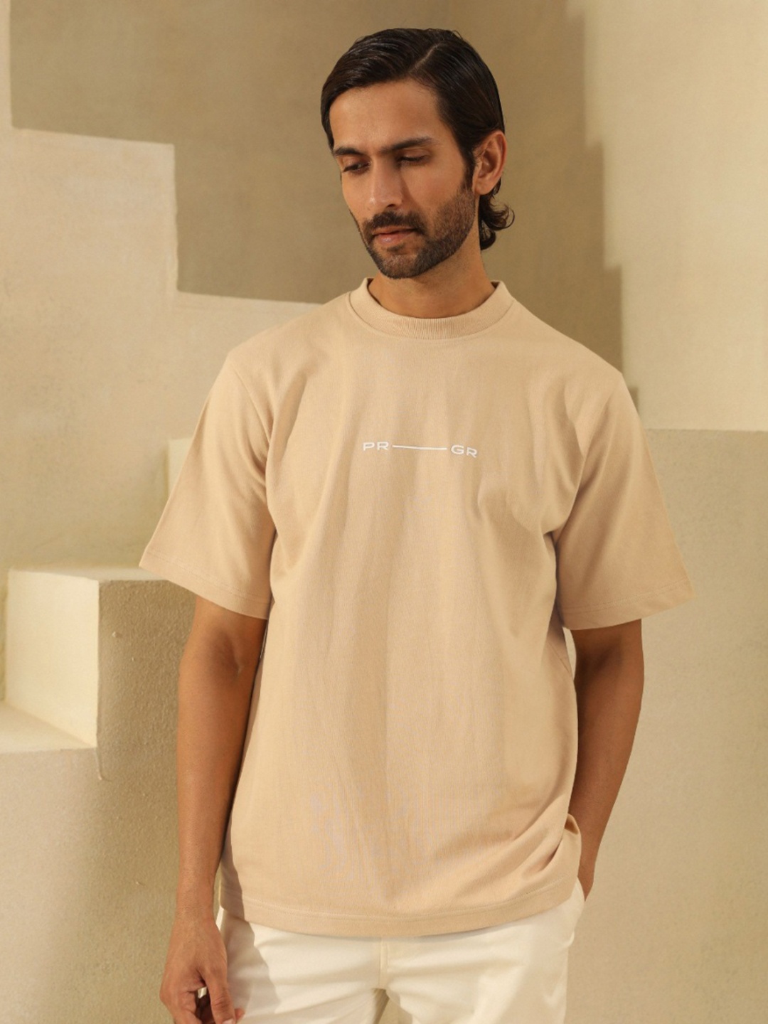 

PRIMAL GRAY Men Organic Cotton Raw Edge T-shirt, Beige