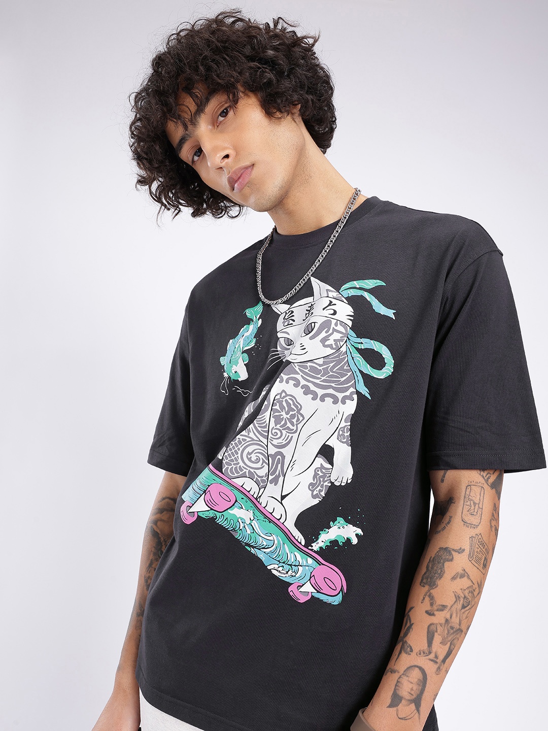 

glitchez Tough Street Sense Printed Relaxed Fit T-shirt, Charcoal