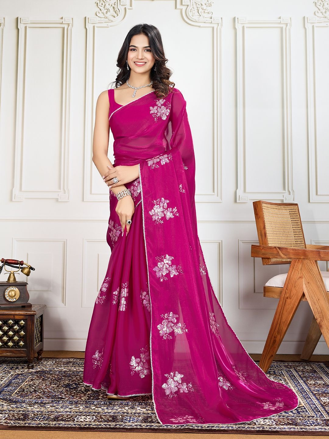 

House of Pataudi Embroidered Saree With Blouse Piece, Magenta