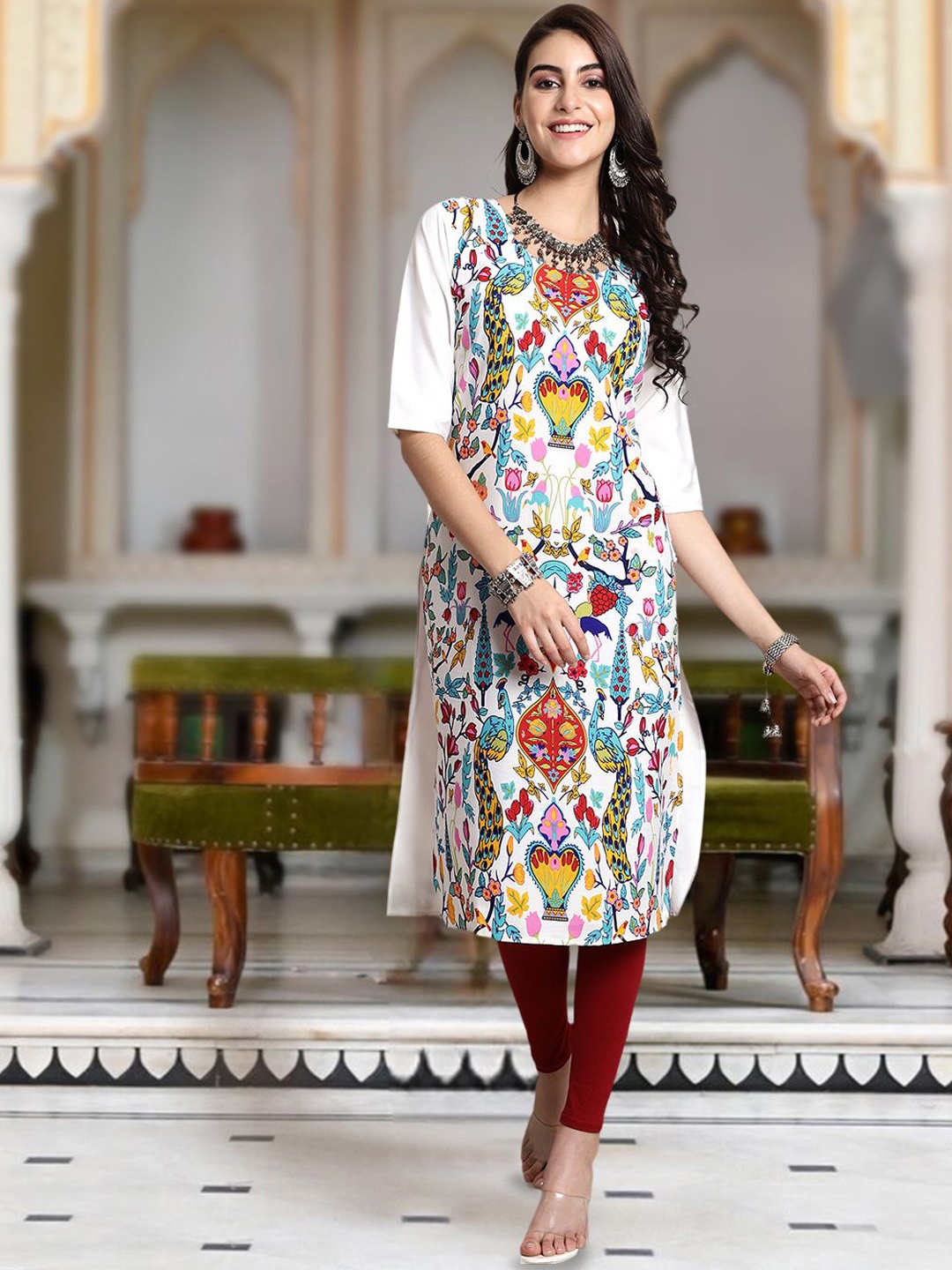 

Moda Rapido Floral Printed Round Neck Straight Kurta, White