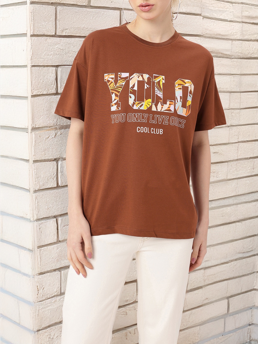 

DressBerry Rebel Edge Yolo Printed Drop Shoulder Relaxed Fit T-shirt, Coffee brown