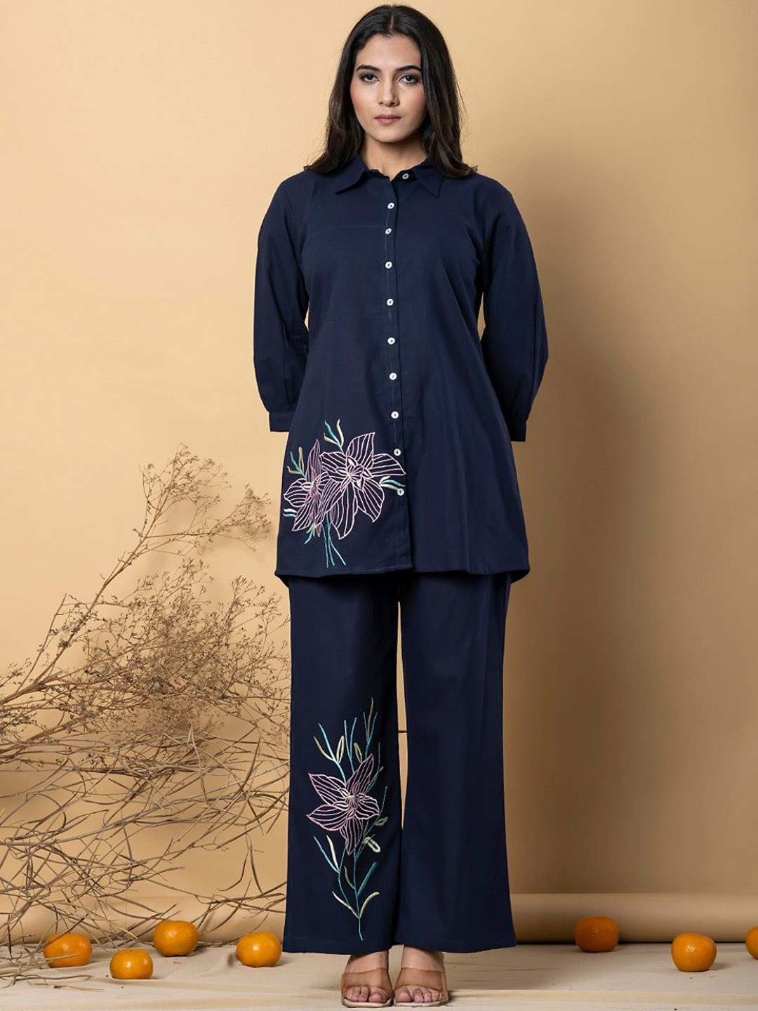 

AUTUMN LANE Floral Embroidered Shirt Collar Pure Cotton Shirt With Trouser, Navy blue