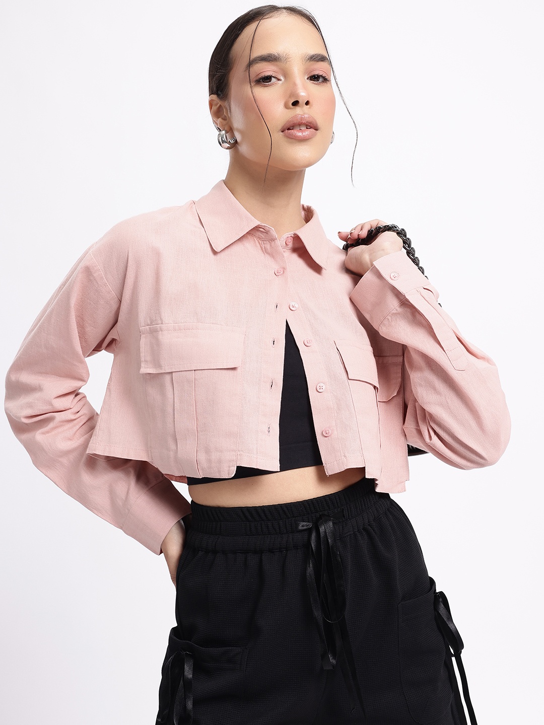 

glitchez Girlboss Glam Pleated Pocket Relaxed Crop Shirt, Rose