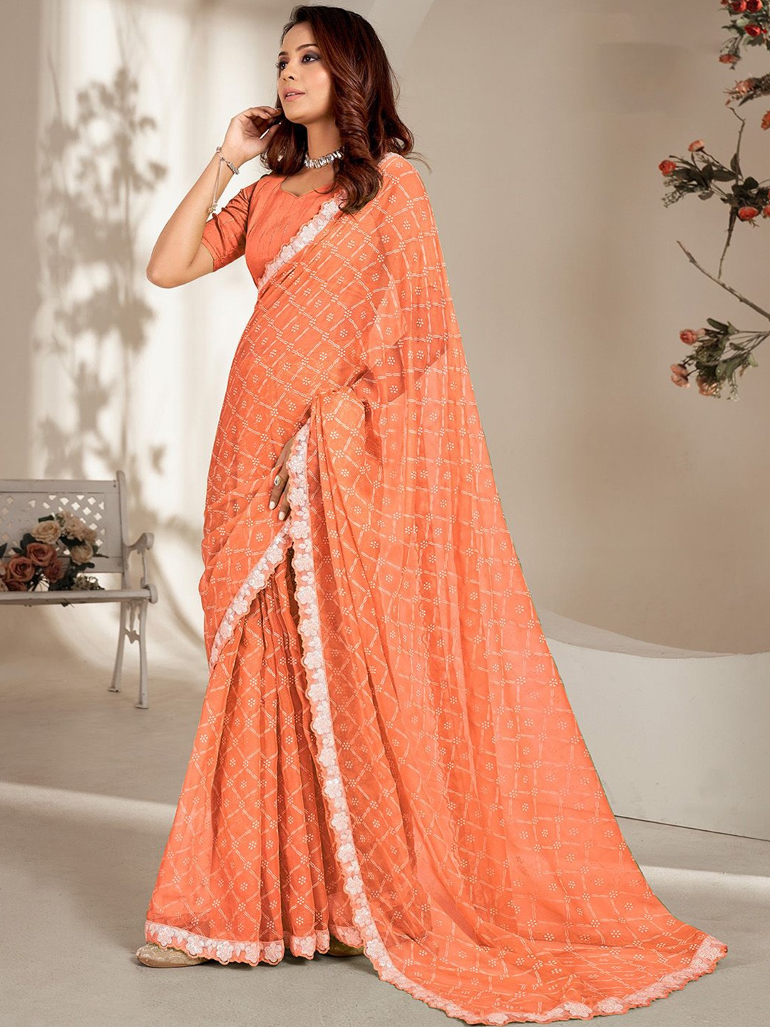 

Anouk Rustic Ethnic Motifs Embroidered Poly Chiffon Saree, Orange