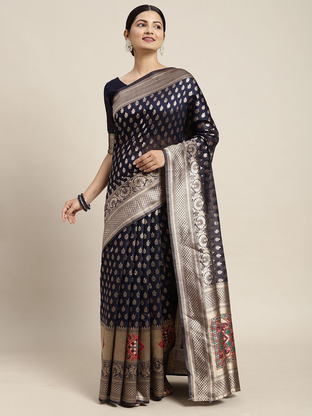

Anouk Rustic Floral Zari Silk Cotton Designer Banarasi Saree, Navy blue
