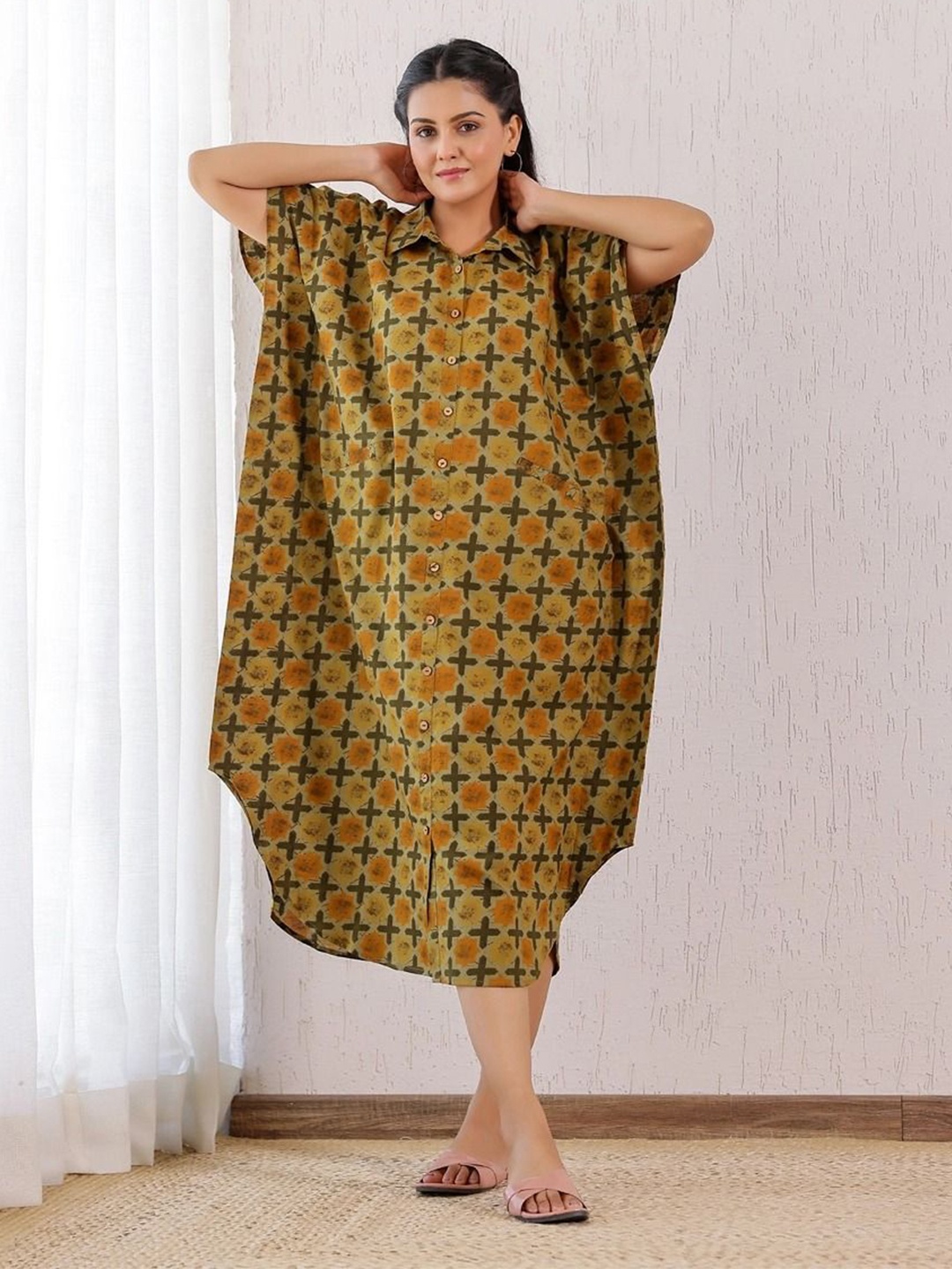 

Vivika Printed Flared Sleeve Cotton Kaftan Midi Dress, Yellow