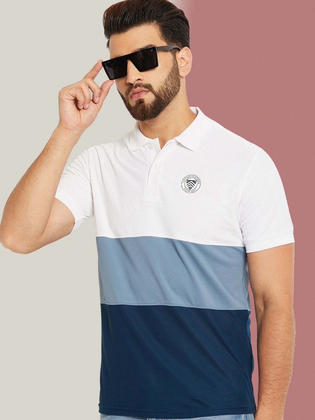 

OGEN Men Colourblocked Polo Collar Applique T-shirt, Navy blue