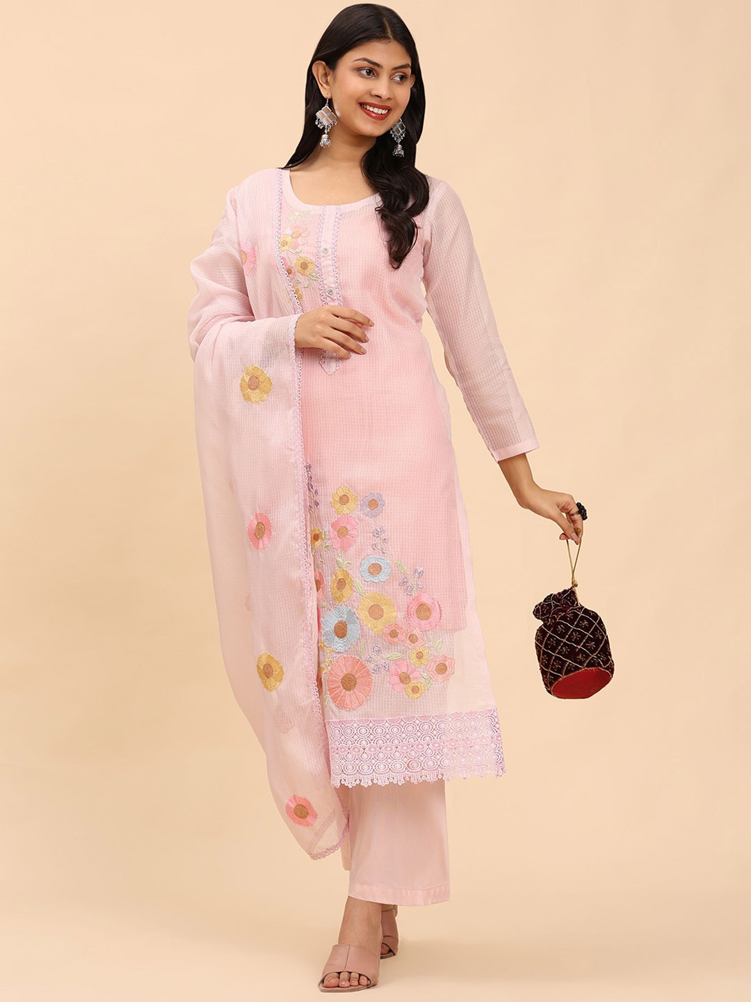 

Mamicha Women Floral Regular Pure Cotton Kurta with Palazzos & With Dupatta, Pink