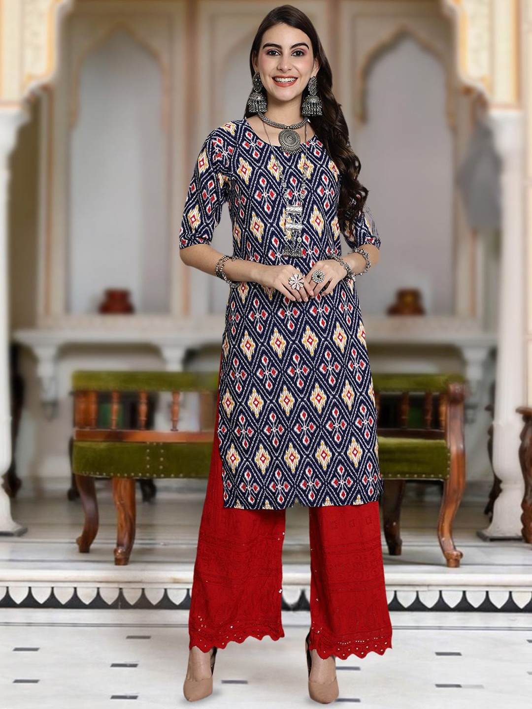 

Moda Rapido Floral Printed Round Neck Straight Kurta, Navy blue