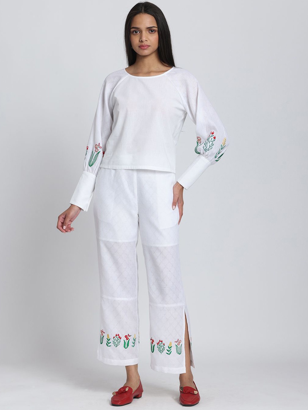 

Shaye Floral Embroidered Round Neck Cotton Top with Trouser, White