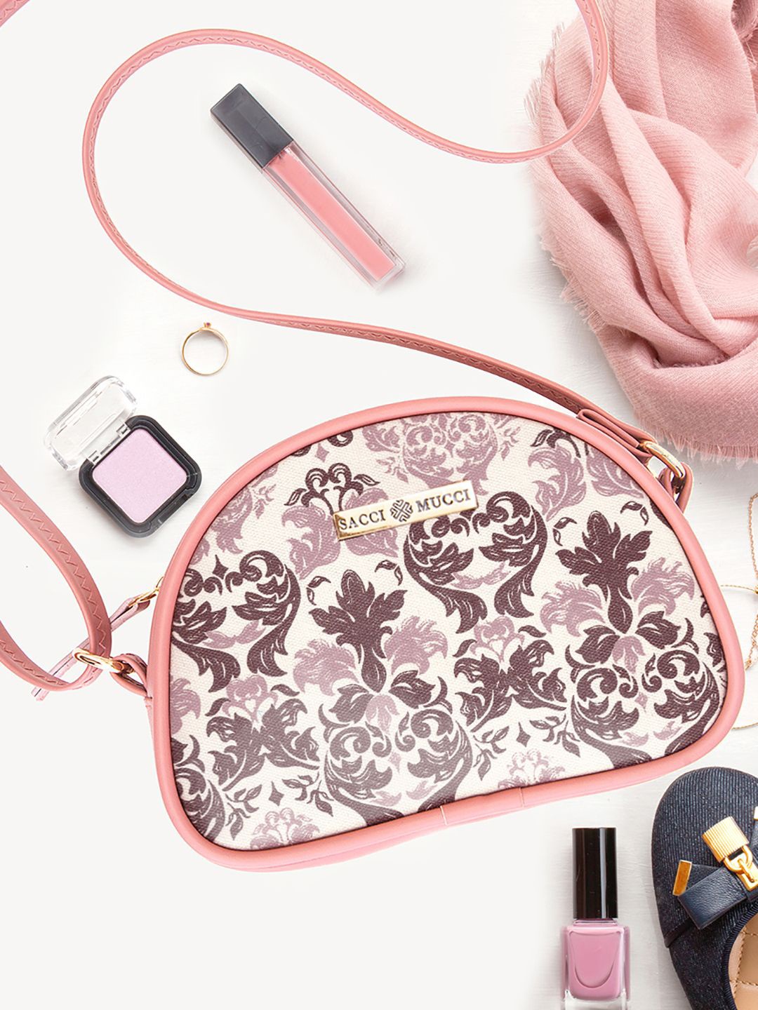 

Sacci Mucci Floral Printed Sling Bag with Applique, Pink