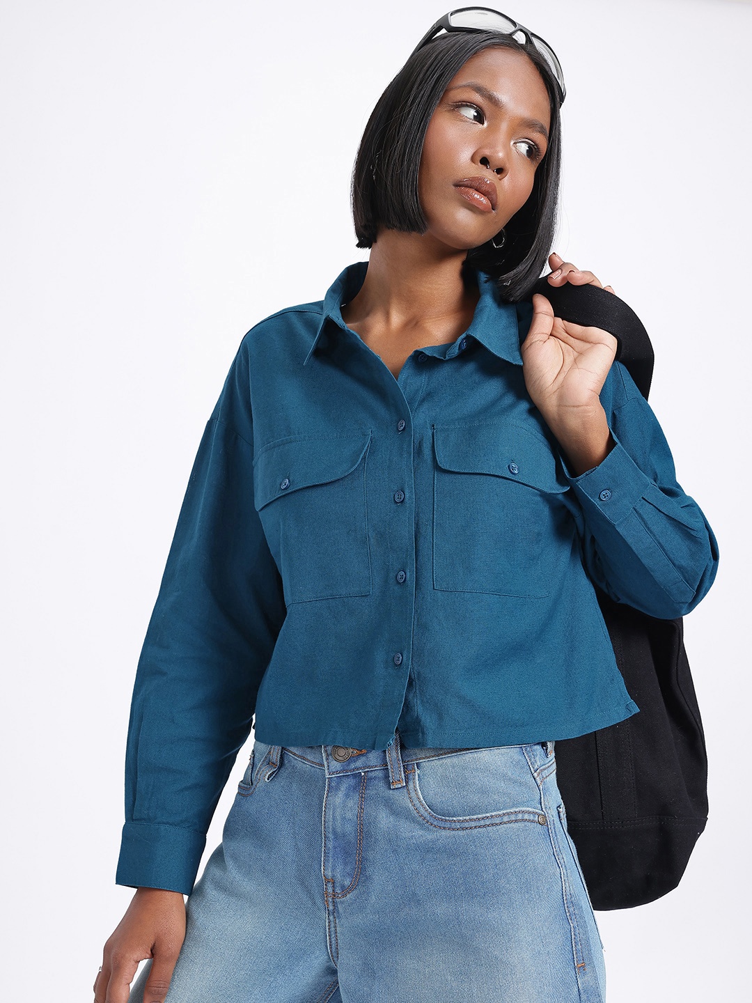 

glitchez Harbour in Comfort Cotton-Linen Crop Boxy Shirt, Blue