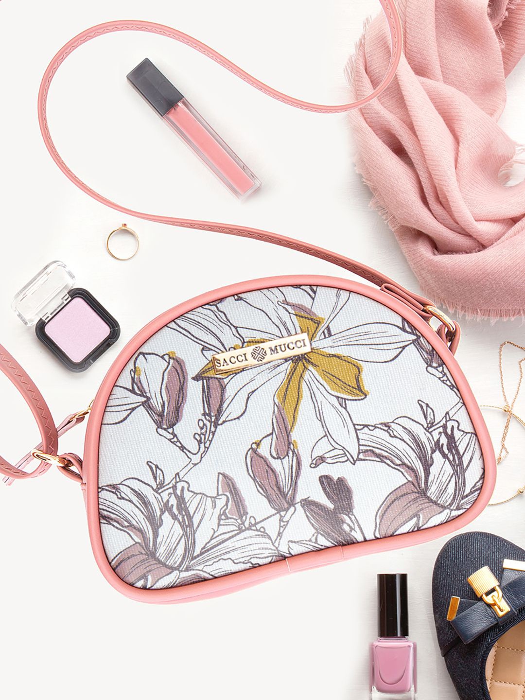 

Sacci Mucci Floral Printed Sling Bag with Bow Detail, Pink