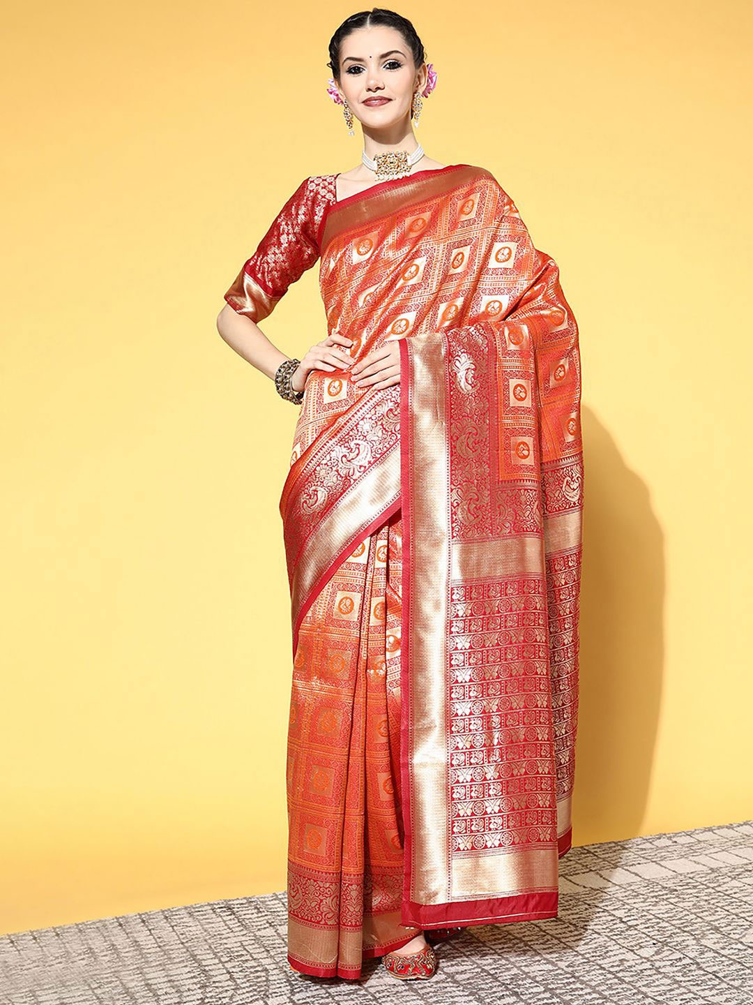 

Anouk Rustic Woven Design Zari Silk Blend Dharmavaram Saree, Orange