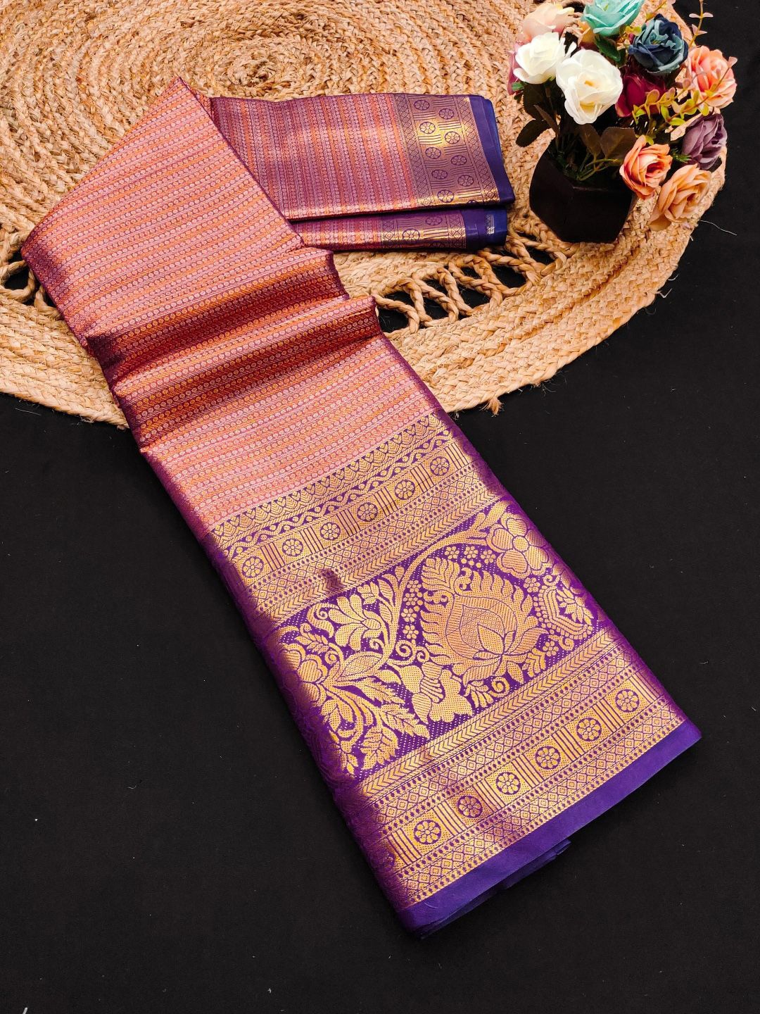 

yourwish Striped Zari Pure Silk Kanjeevaram Saree, Purple