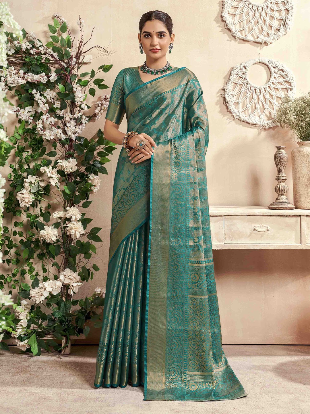 

Blissta Woven Design Zari Silk Blend Dharmavaram Saree, Turquoise blue