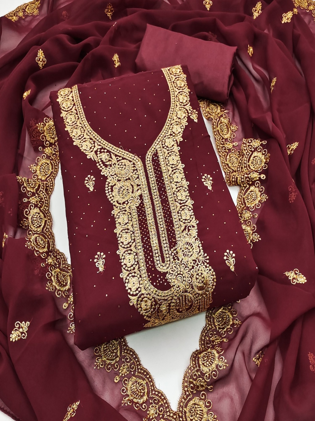 

KALINI Floral Embroidered Thread Work Unstitched Dress Material, Maroon