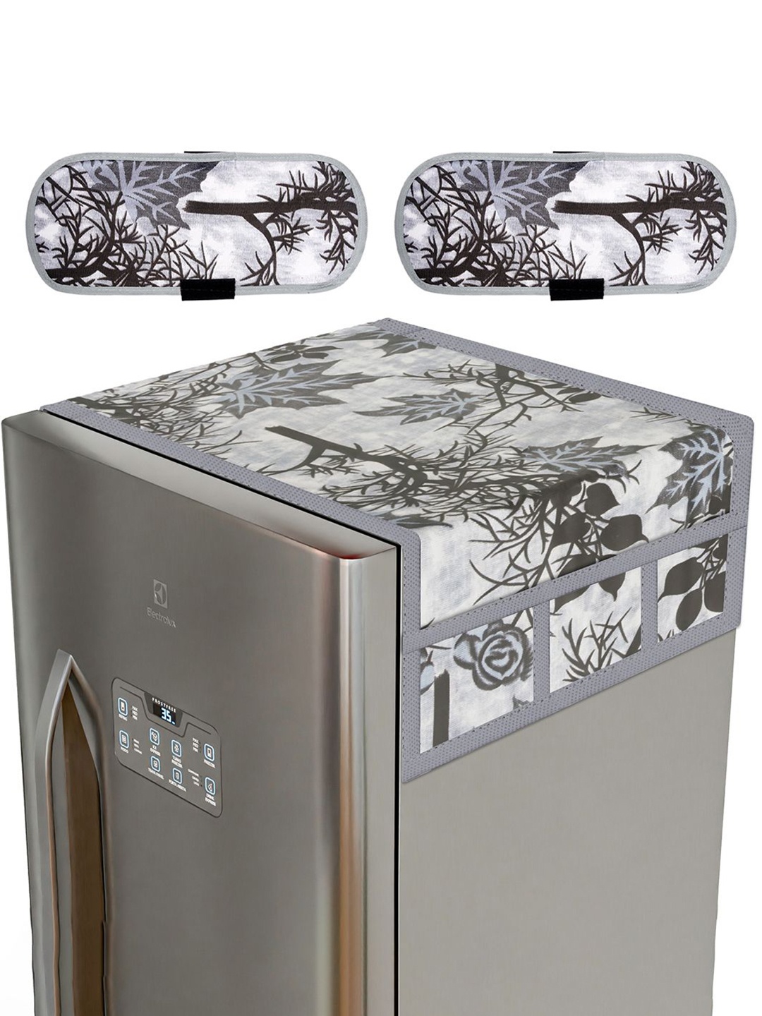 

Kuber Industries Grey & Black 3 Pieces Floral Printed Fridge Top & Handle Cover Set