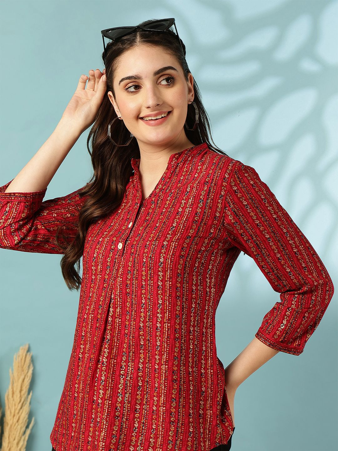 

Anouk Floral Print Mandarin Collar Shirt Style Top, Maroon