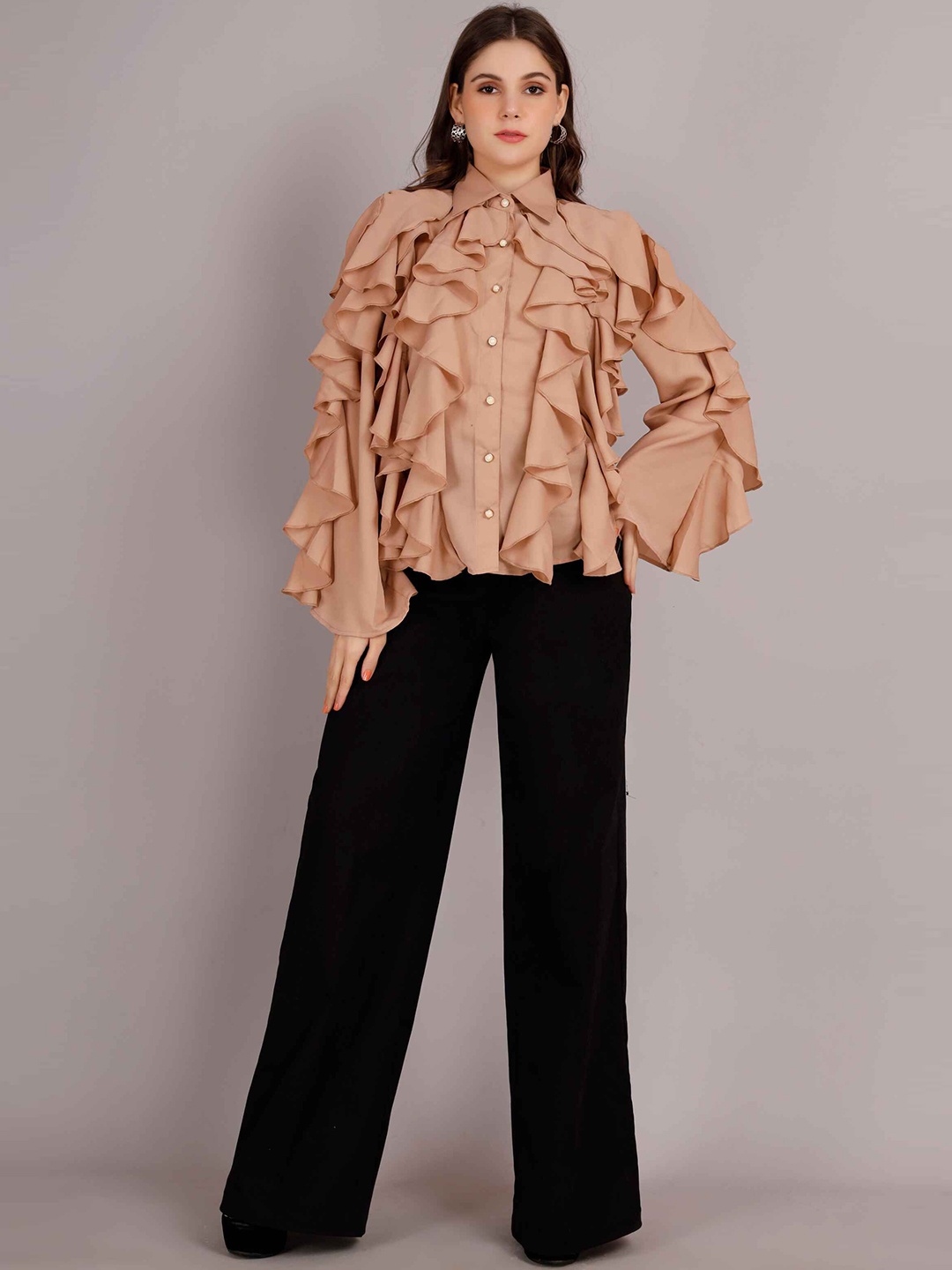 

Misverse Floral Print Bell Sleeve Top, Beige