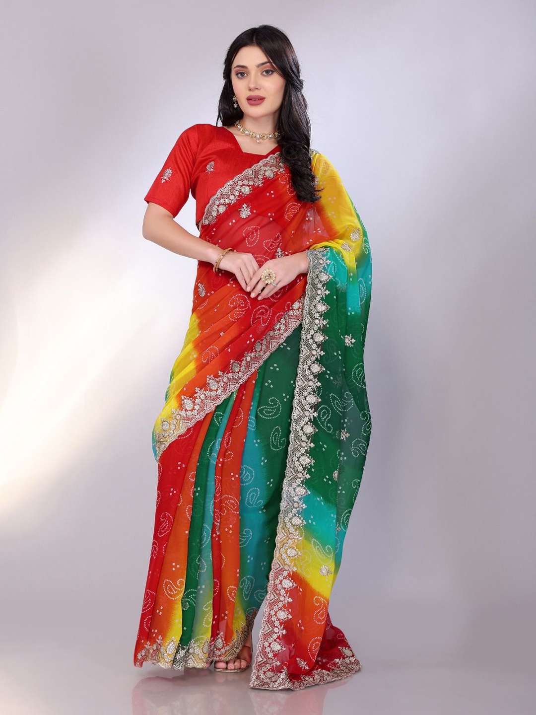 

VenderVilla Bandhani Sequinned Pure Georgette Saree, Green