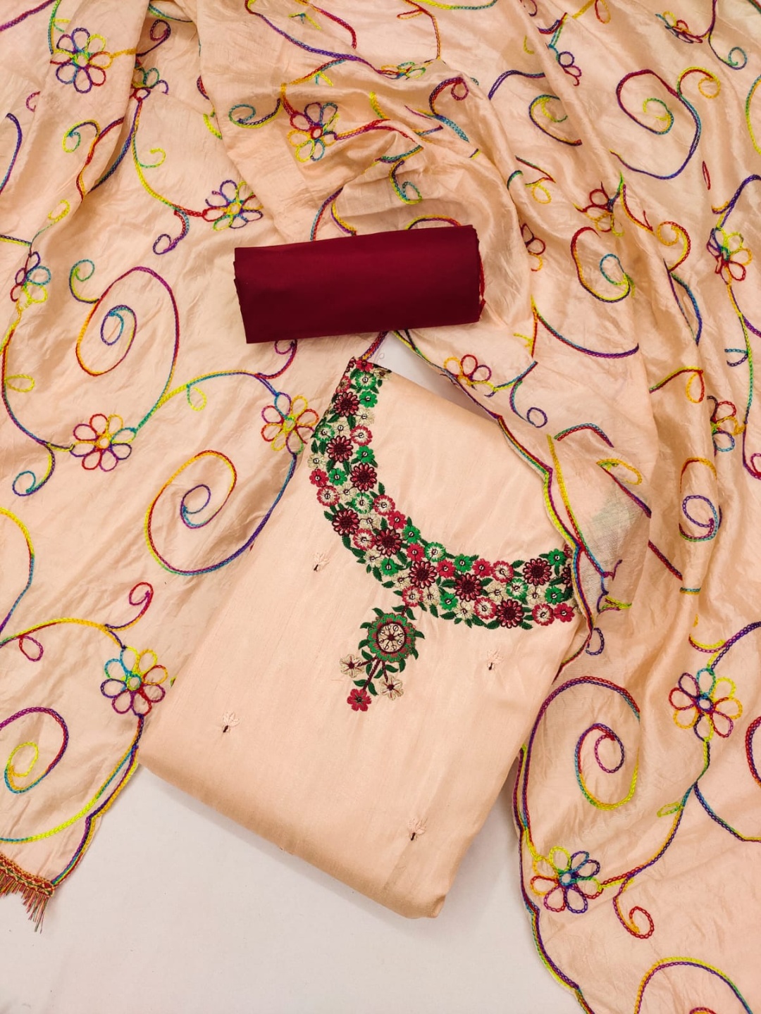 

Rangtulika Ethnics Floral Embroidered Unstitched Dress Material, Peach