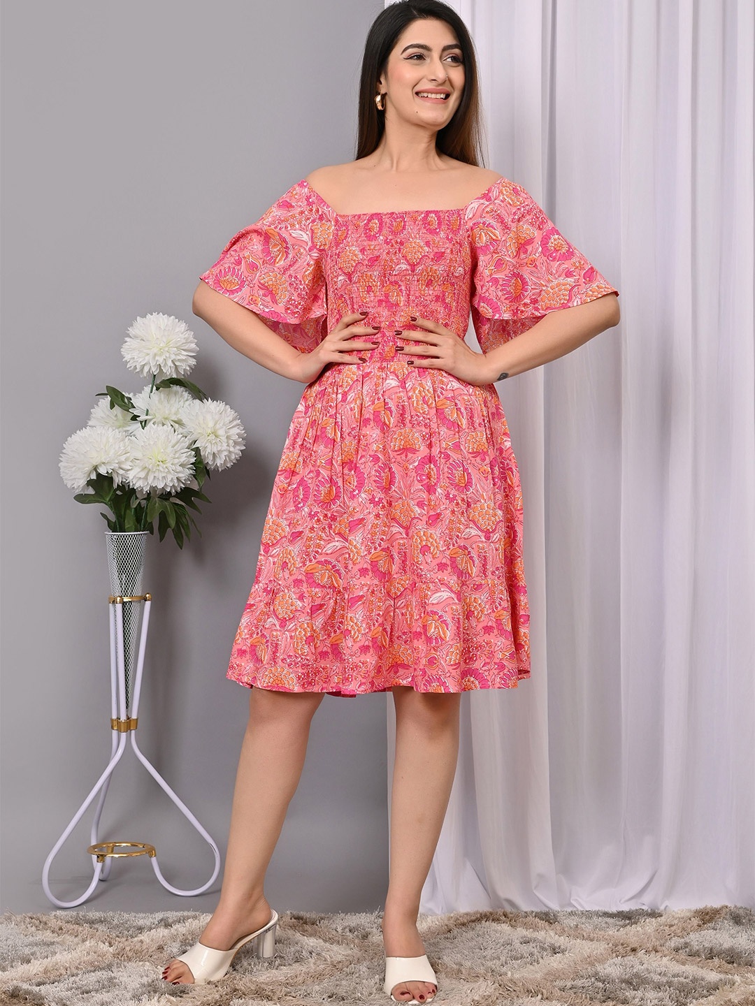 

VYMO Print Flared Sleeve Fit & Flare Dress, Multi