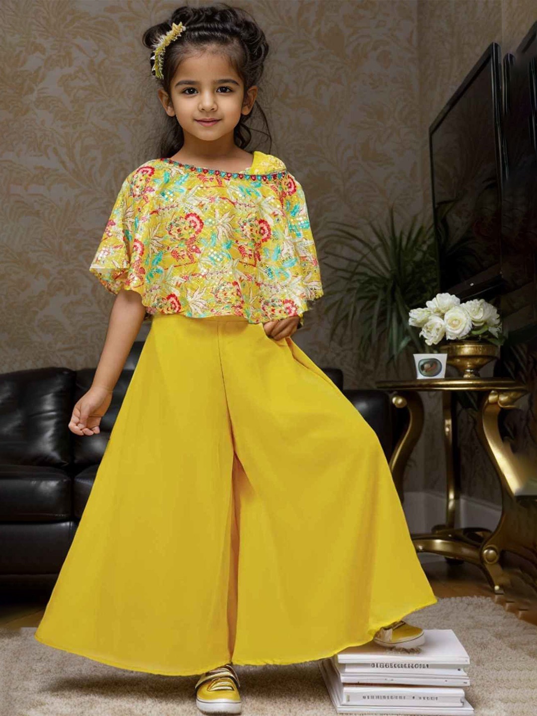 

Lagorii Girls Printed Sequin Palazzo Set With Cape Sleeves, Mustard