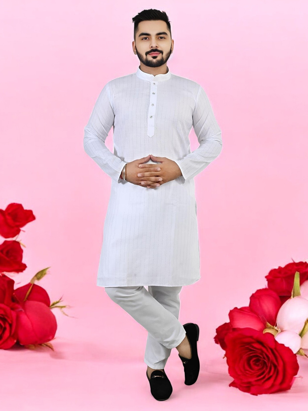 

Atly Men Striped Regular Kurta with Pyjamas, White