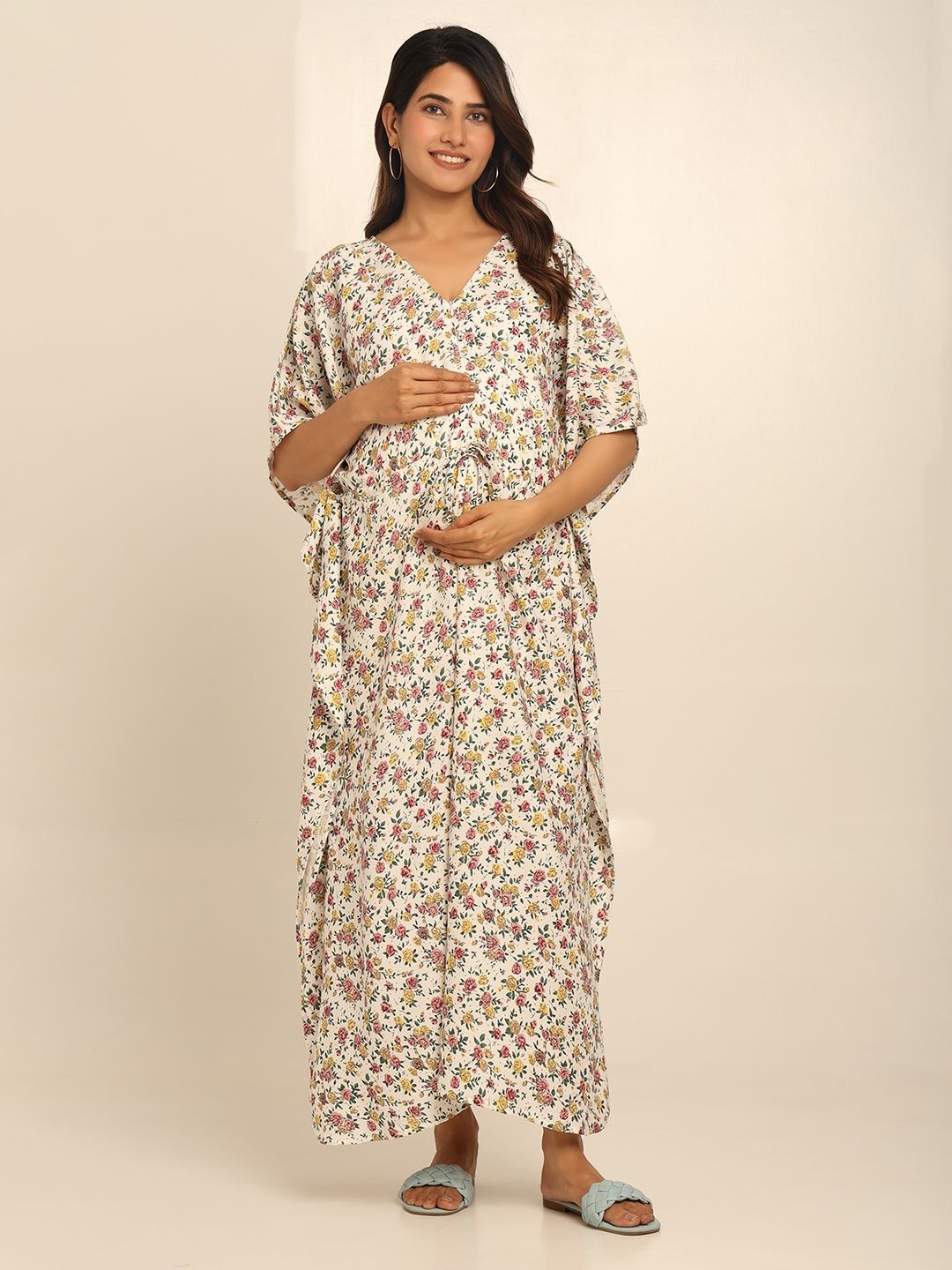 

CRAFTBAZAR Floral Print Maternity Kaftan Maxi Dress, White