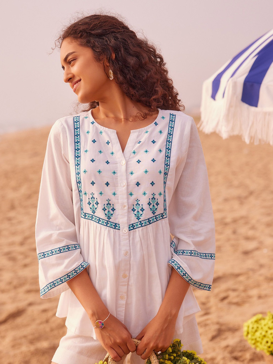 

Global Desi Floral Cotton Top, White