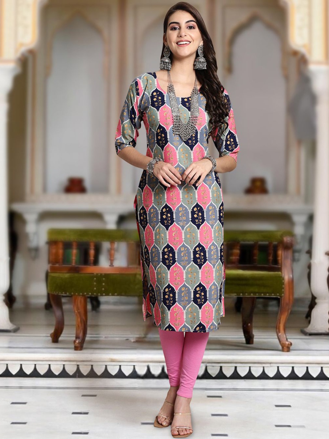 

Moda Rapido Floral Printed Round Neck Straight Kurta, Grey