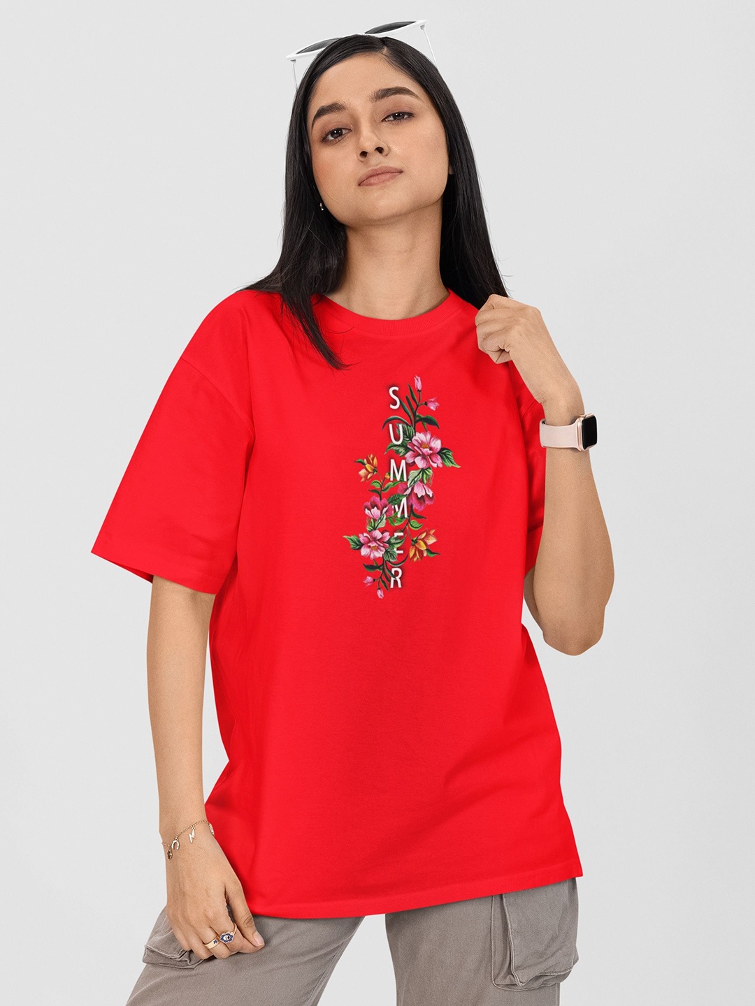 

Moda Rapido Women Printed Drop-Shoulder Sleeves Applique T-shirt, Red