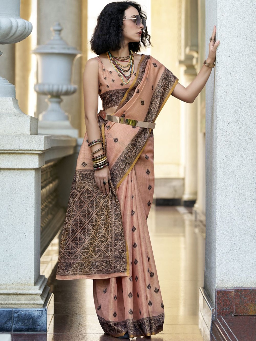 

DEVATITHI Woven Design Peach Linen Tissue Silk Saree