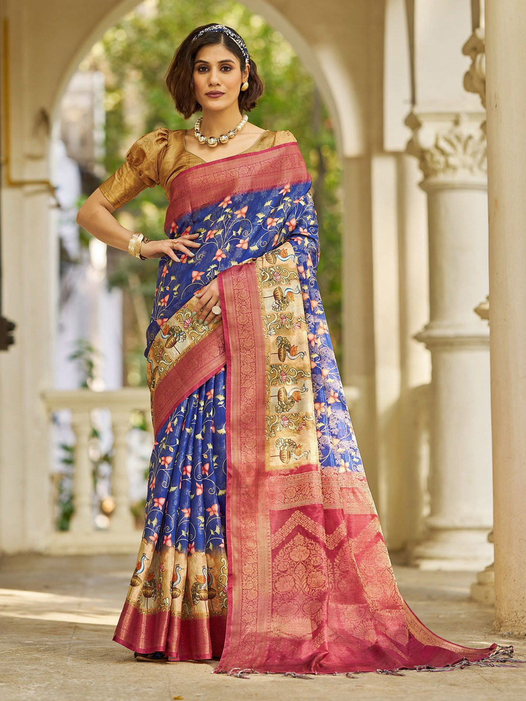 

Sanu Silk Floral Zari Silk Blend Tussar Saree, Blue