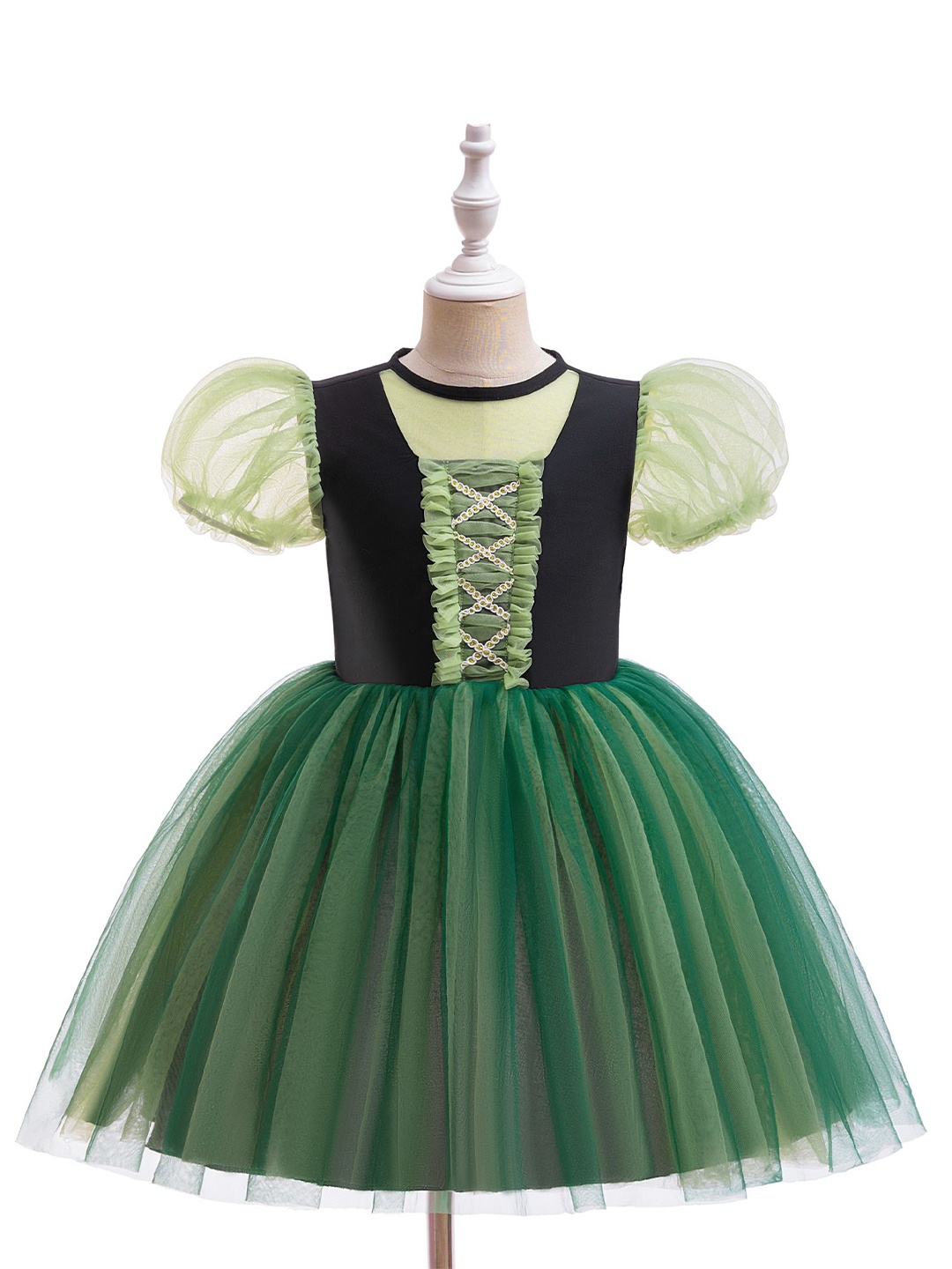 

StyleCast x Revolte Colourblocked Puff Sleeve Net A-Line Dress, Green