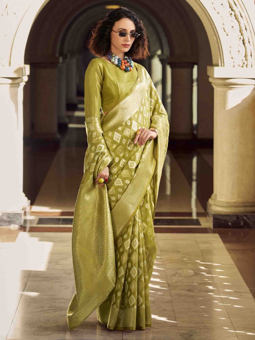 

Blissta Woven Design Zari Tissue Ikat Saree, Lime green