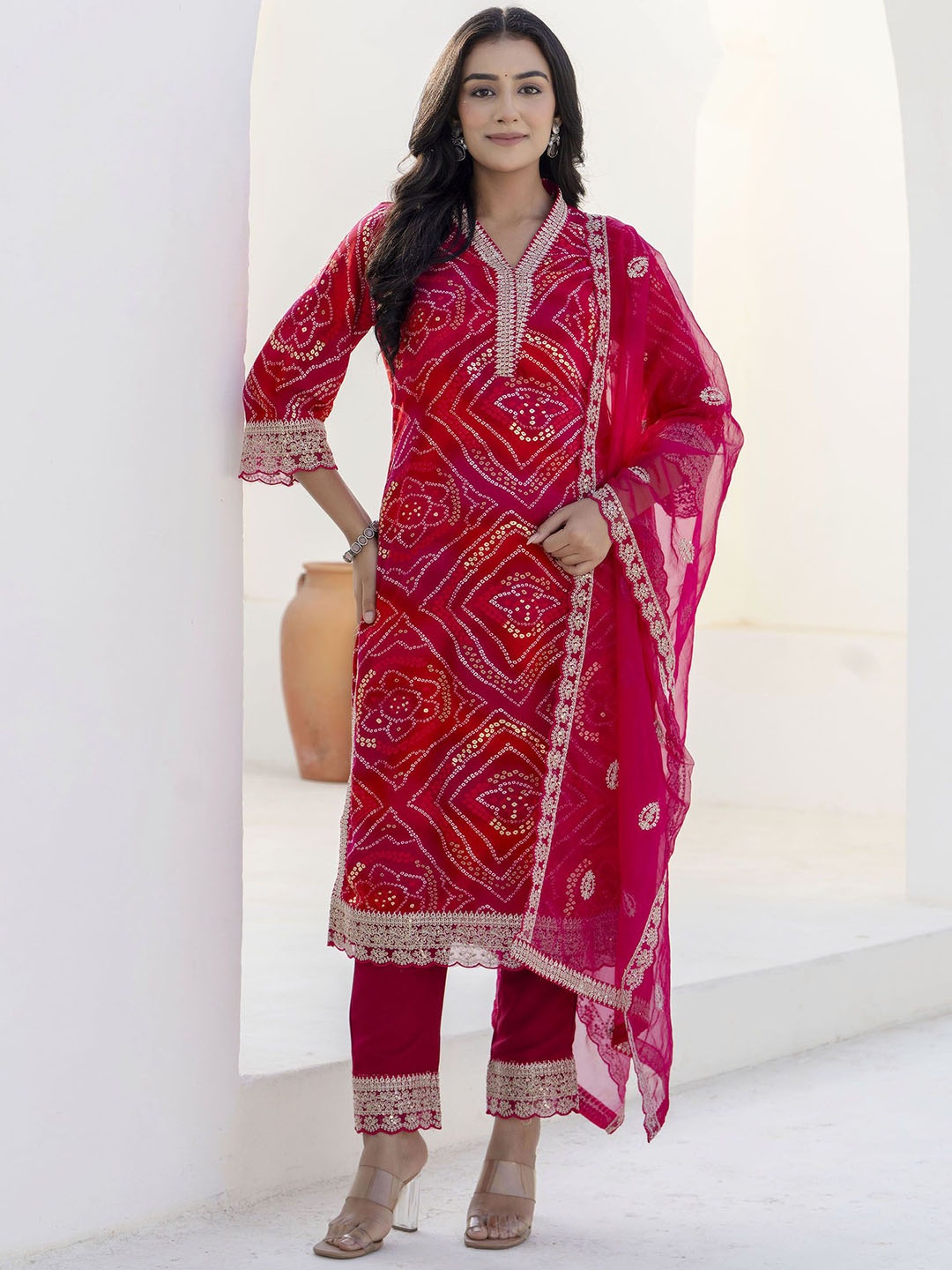

RANGREAL Women Bandhani Printed Regular Sequinned Kurta with Trousers & With Dupatta, Red
