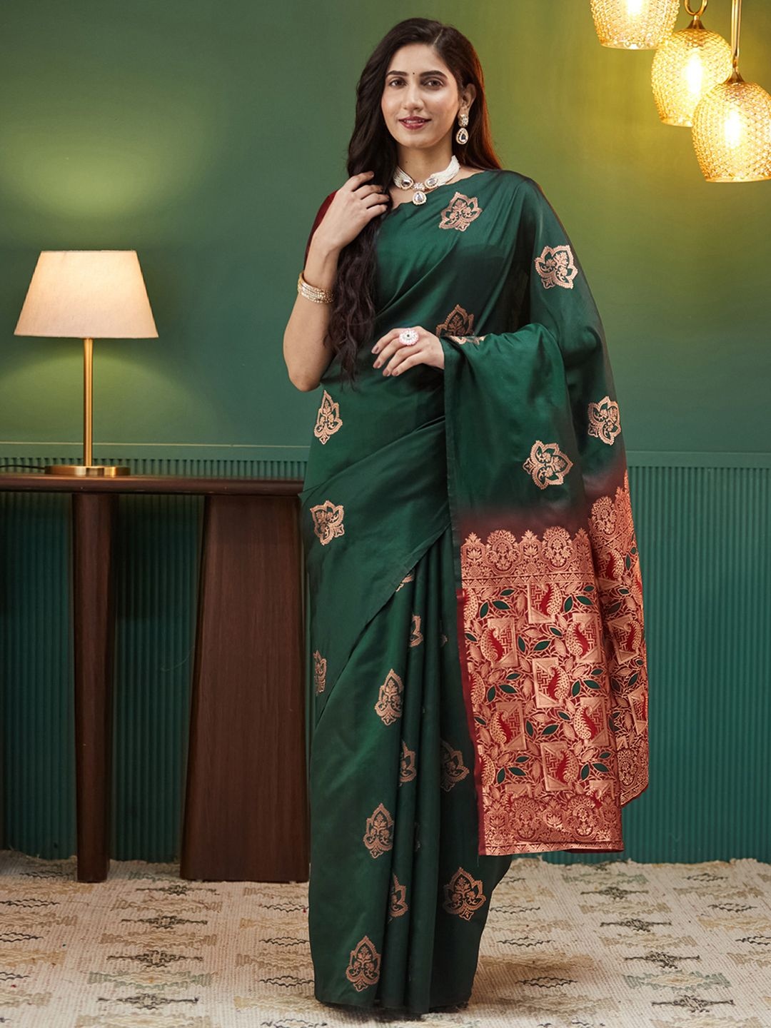 

KALINI Woven Design Zari Pure Silk Chanderi Saree, Green